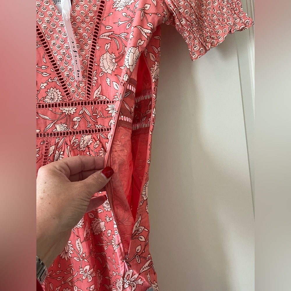 Maisie Elegant Coral Floral Dress with Crochet Trim Side Zipper Various Sizes - Picture 9 of 14